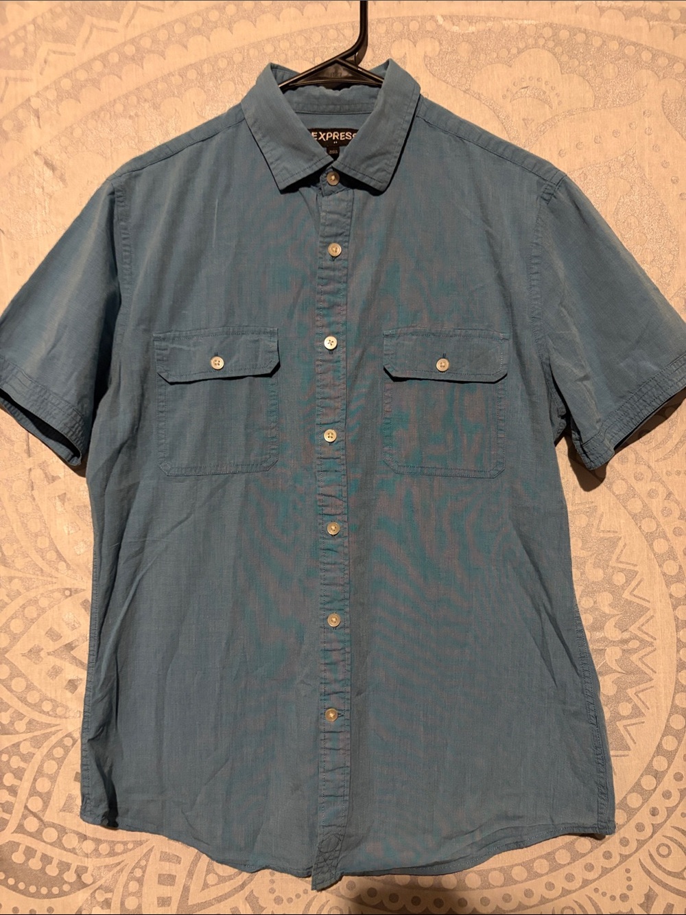 Express Mens Medium Teal Blue Short Sleeve Button Down Utility Flap Pocket Shir